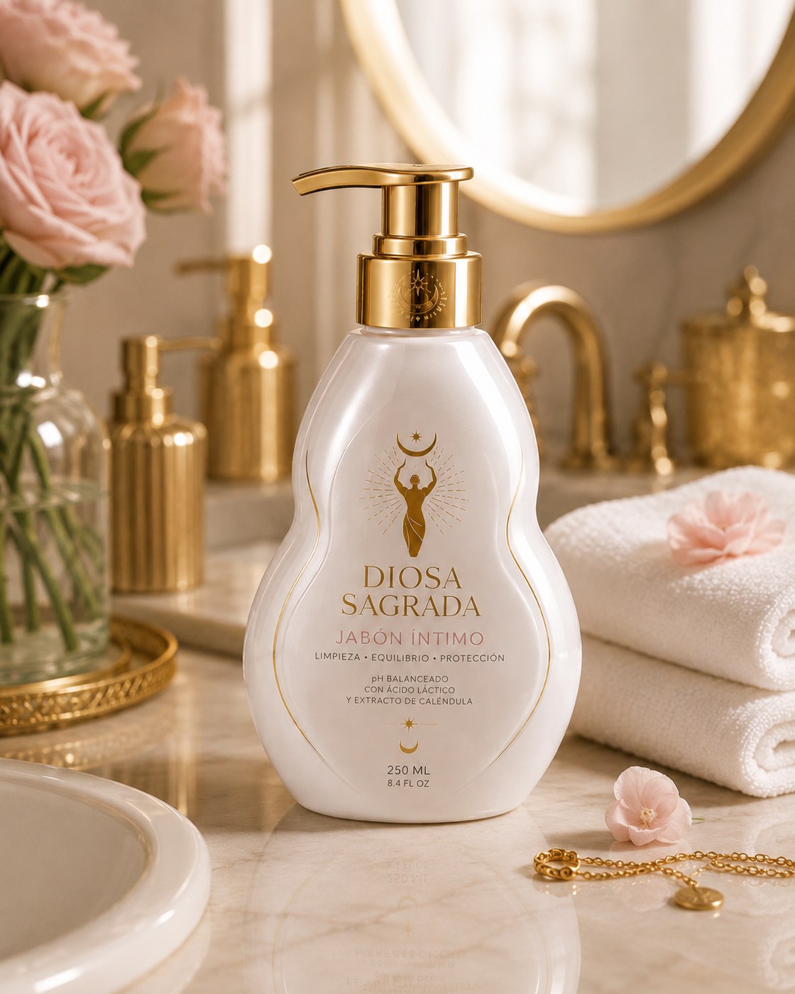 Diosa Sagrada Intimate Wash in a luxury bathroom with towels and roses