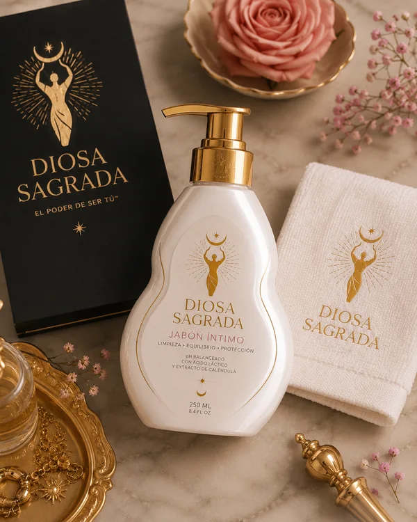Diosa Sagrada Intimate Wash flat lay with box towel and rose
