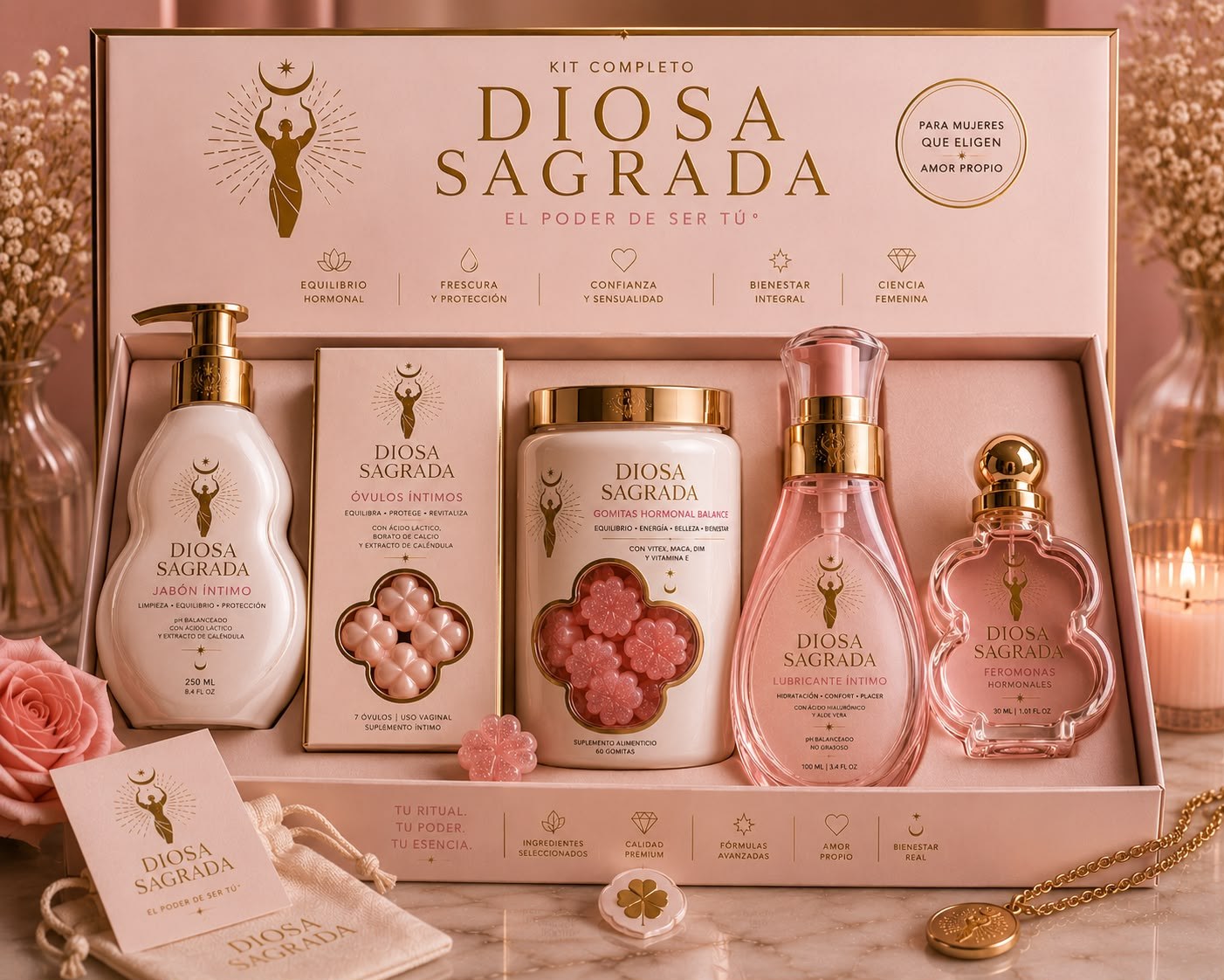 Diosa Sagrada feminine care ritual arranged with blush and gold details